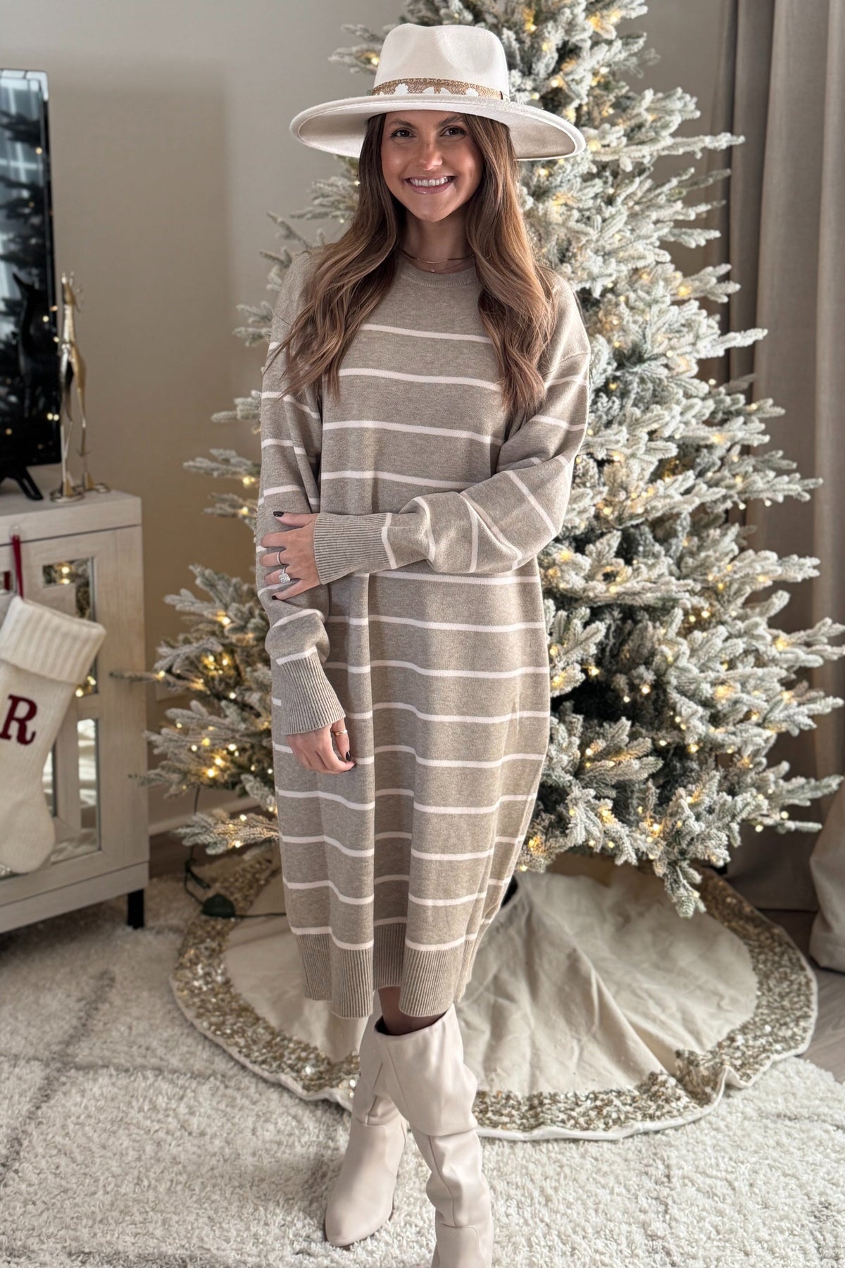 Beige Striped Midi Sweater Dress
