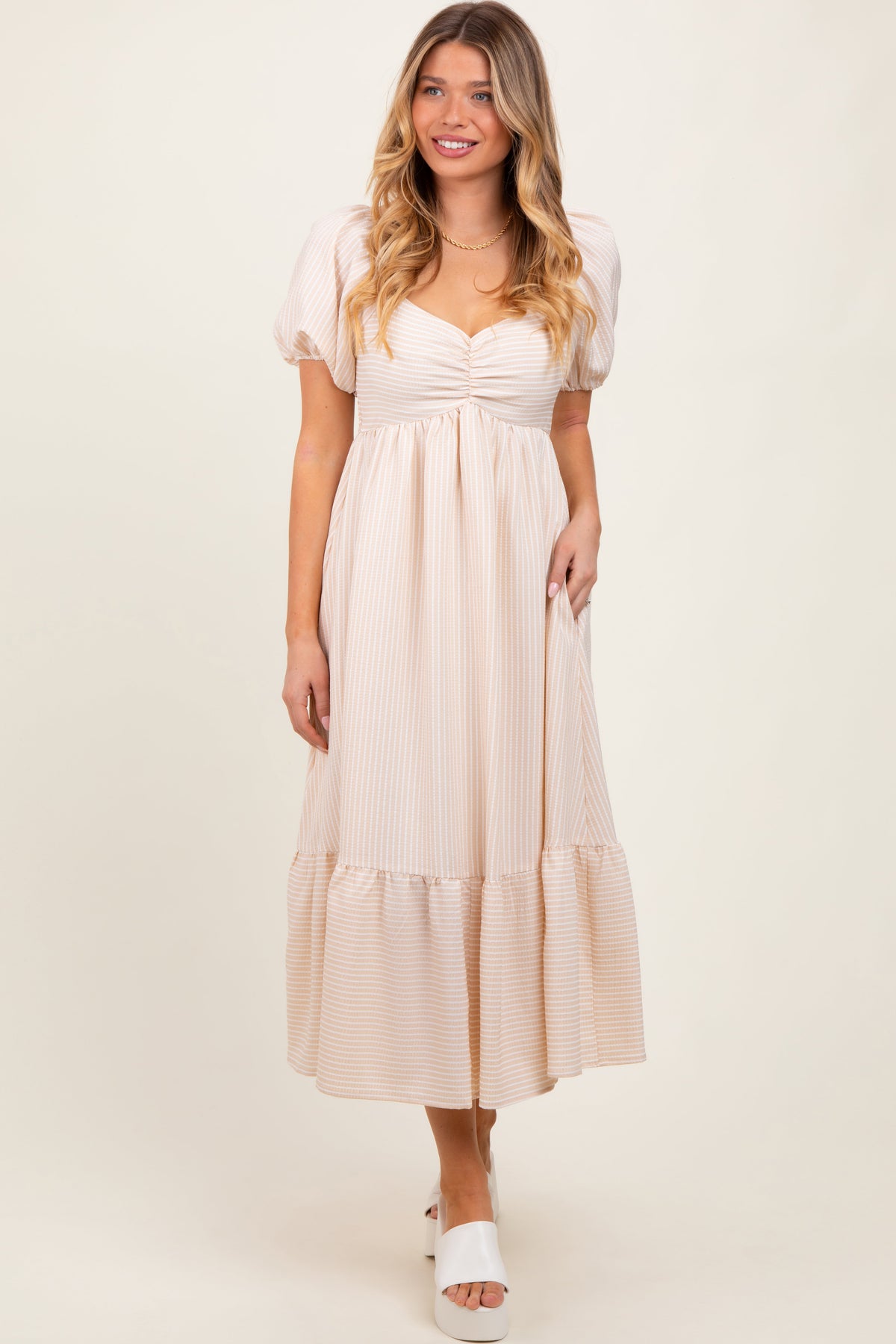 Beige Sweetheart Stripe Smocked Back Maternity Midi Dress