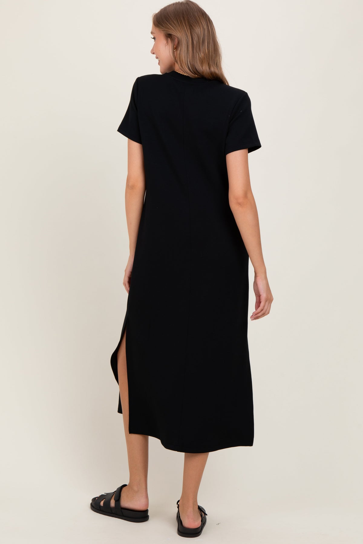 Black Basic Side Slit Short Sleeve Midi Dress