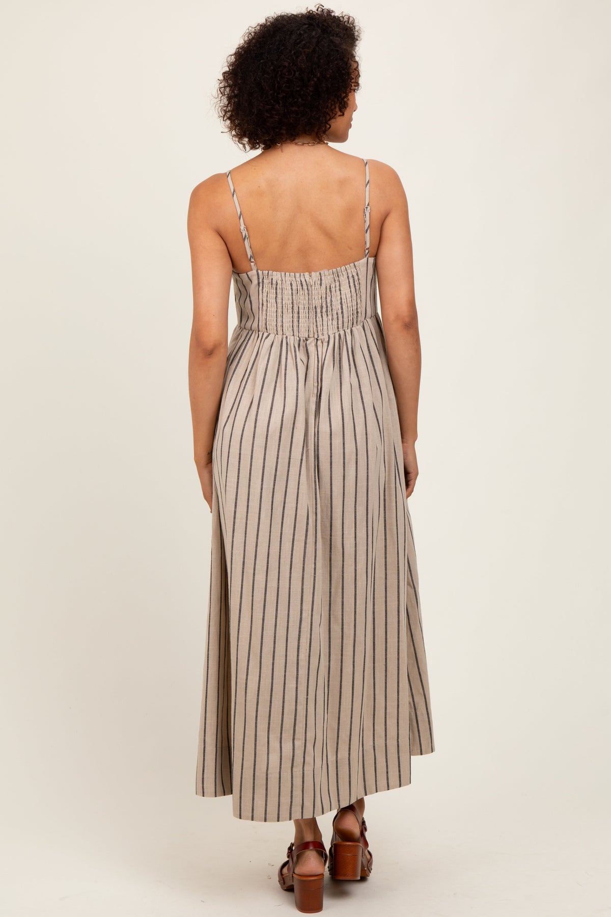 Beige Striped Linen Blend Maxi Dress