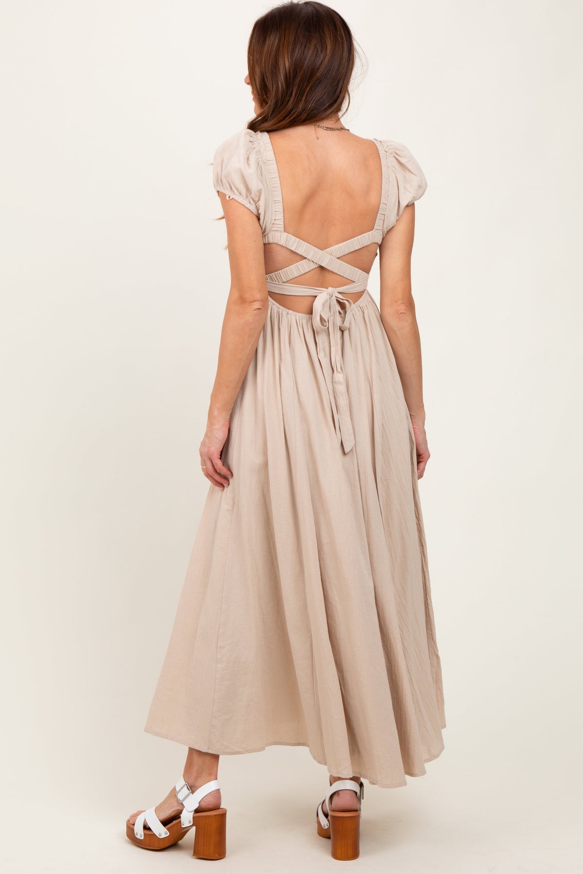 Beige Square Neck Smocked Top Criss Cross Back Tie Maxi Dress