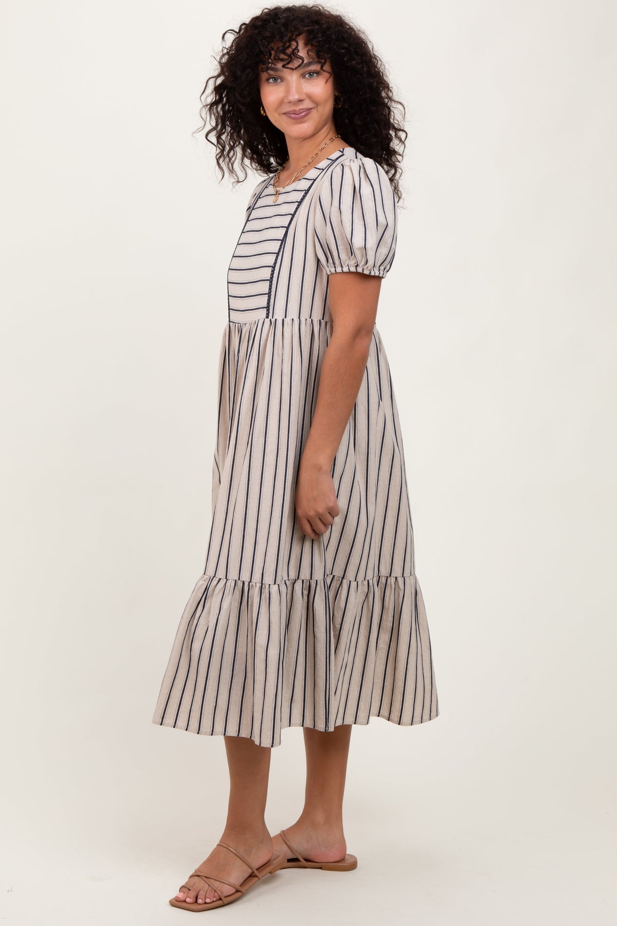Beige Striped Short Sleeve Maternity Midi Dress