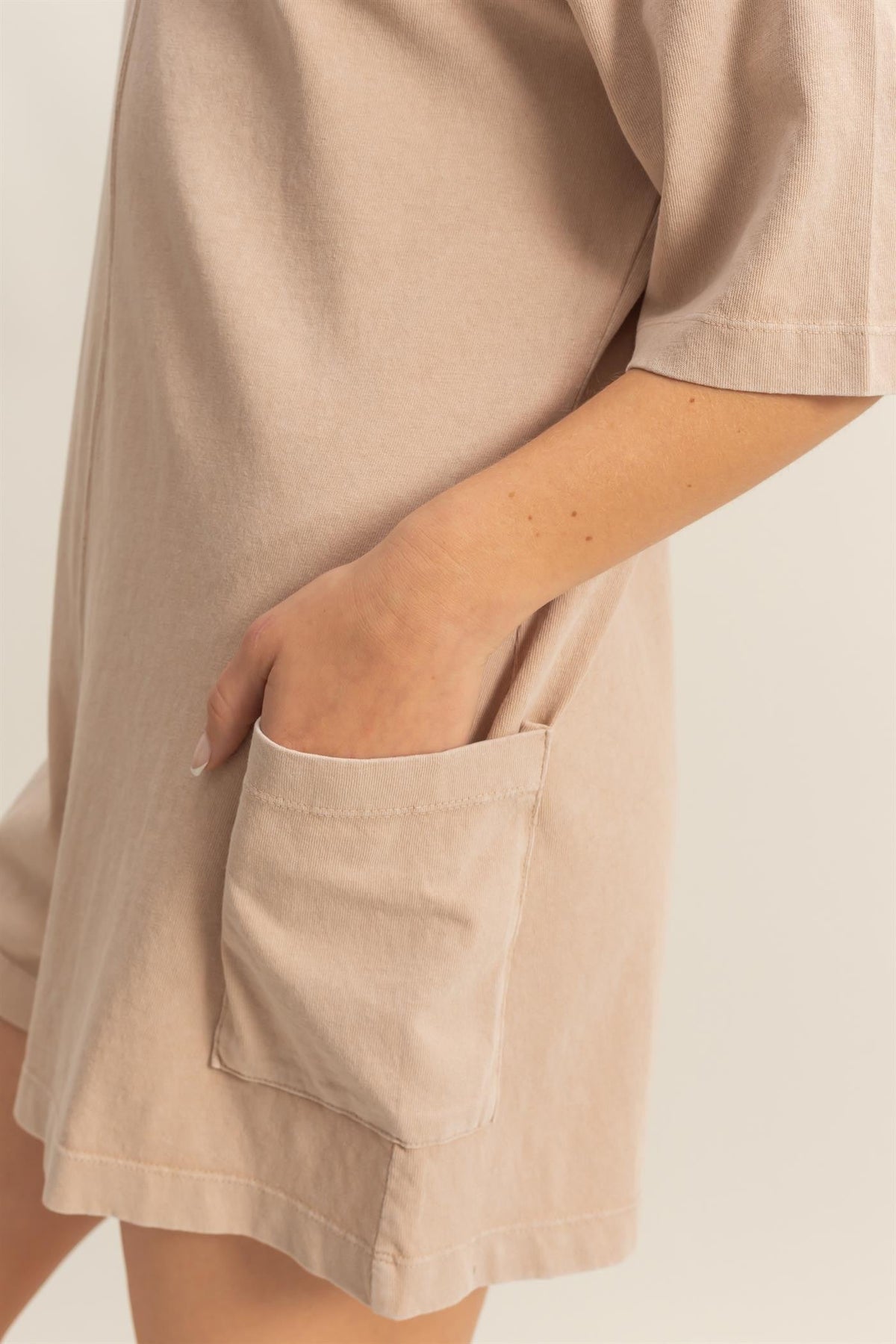 Beige V Back Short Sleeve Pocketed Romper