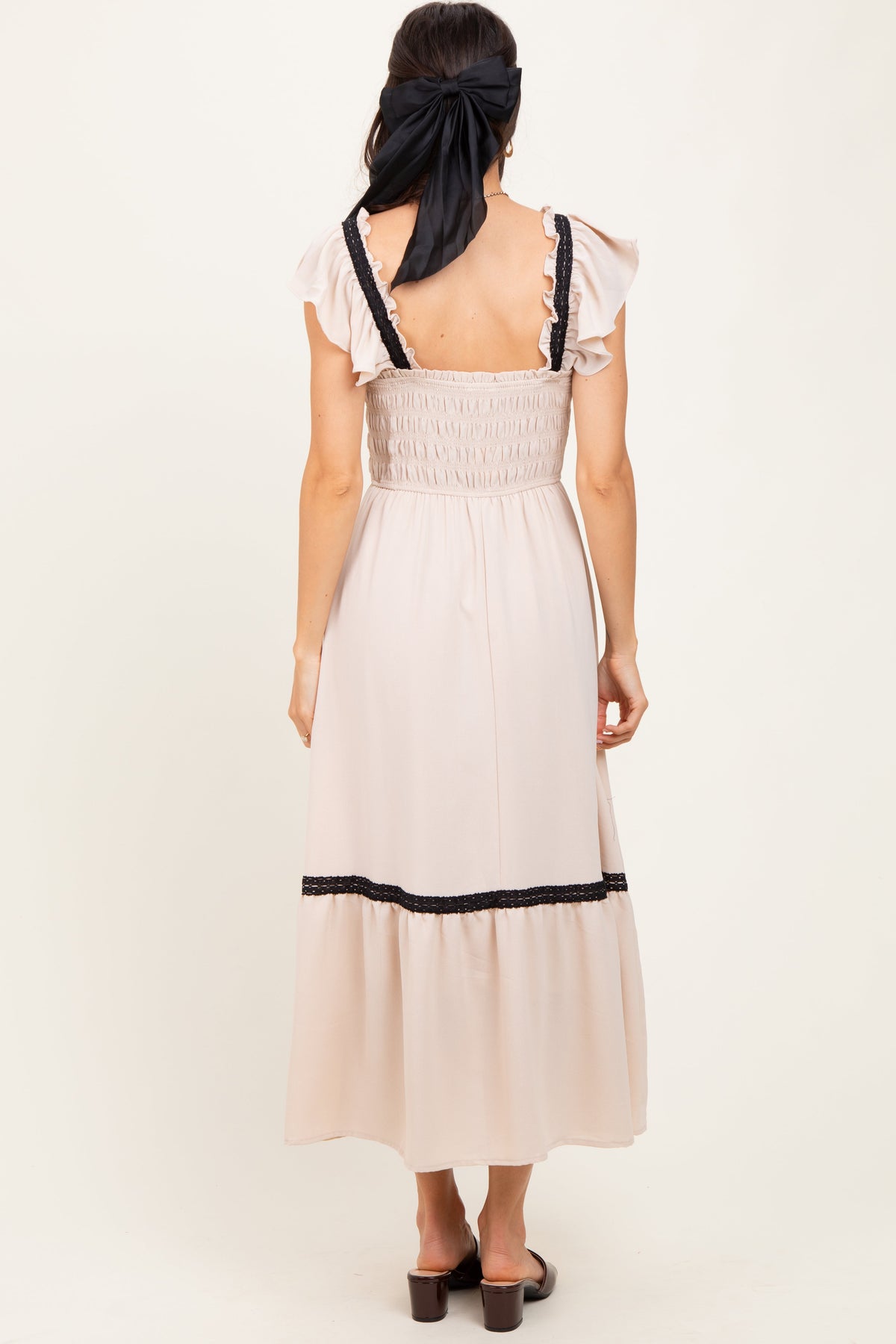 Beige Smocked Lace Detail Midi Dress