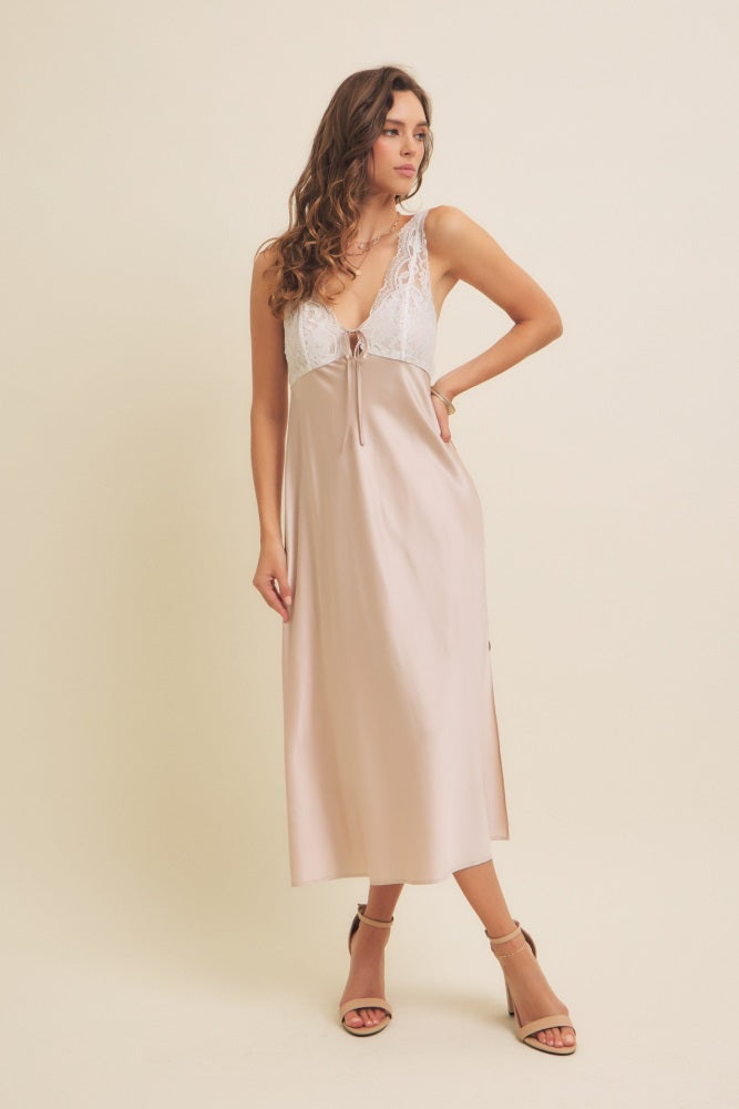 Beige Satin Lace Side Slit Maternity Slip Dress