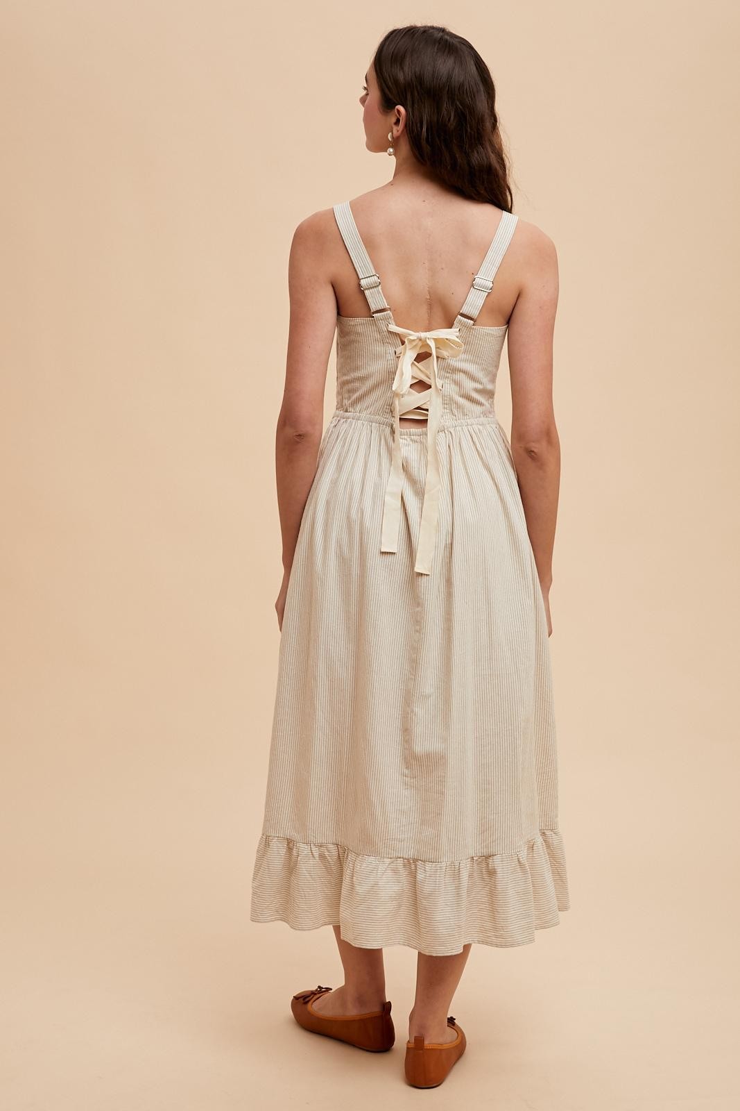 Beige Striped Cotton Sleeveless Dress