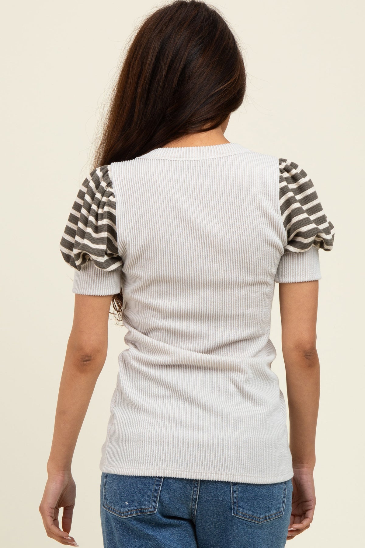 Beige/Olive Striped Ribbed Short Puff Sleeve V-Neck Top
