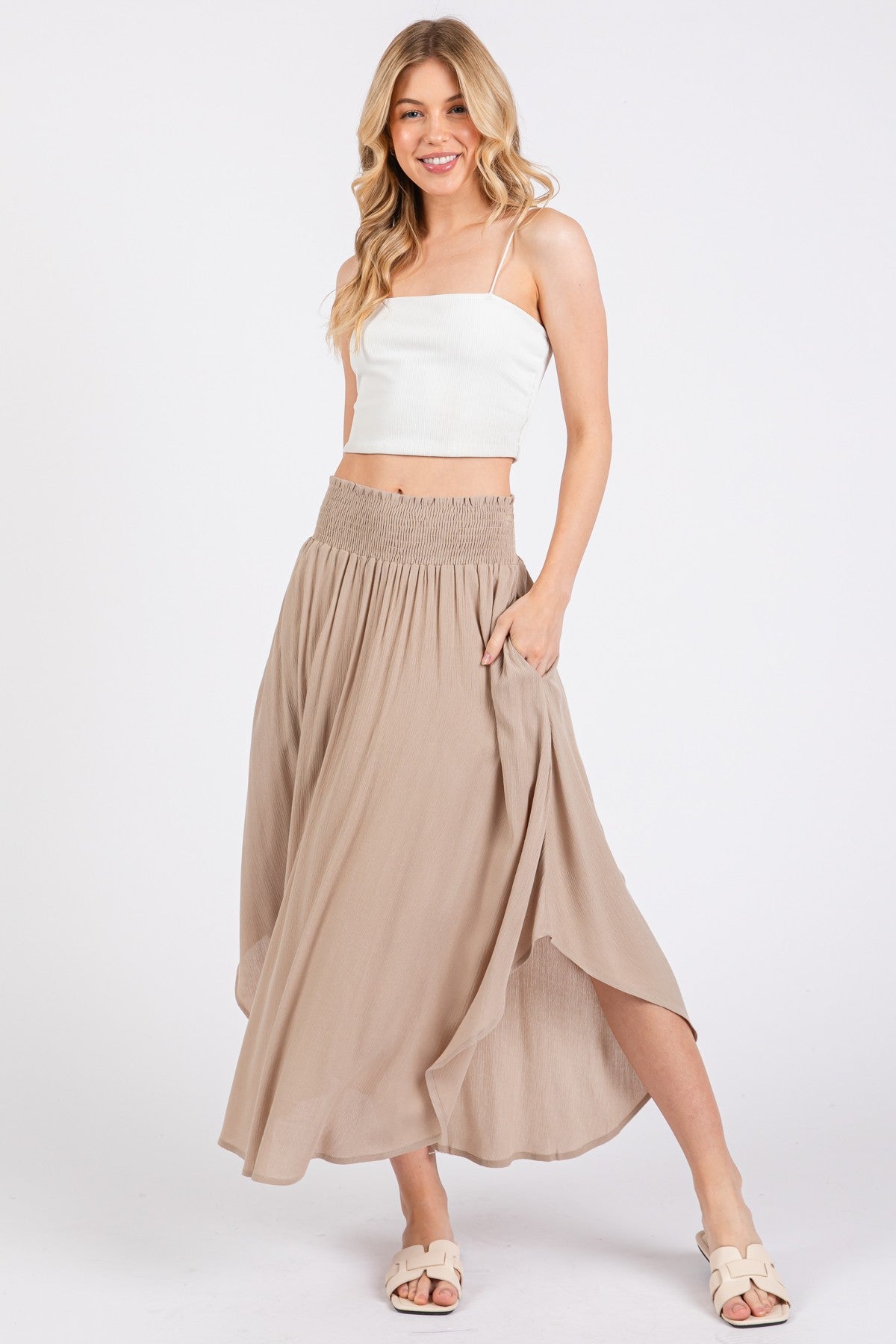 Beige Smocked Waist Rounded Hem Maternity Skirt