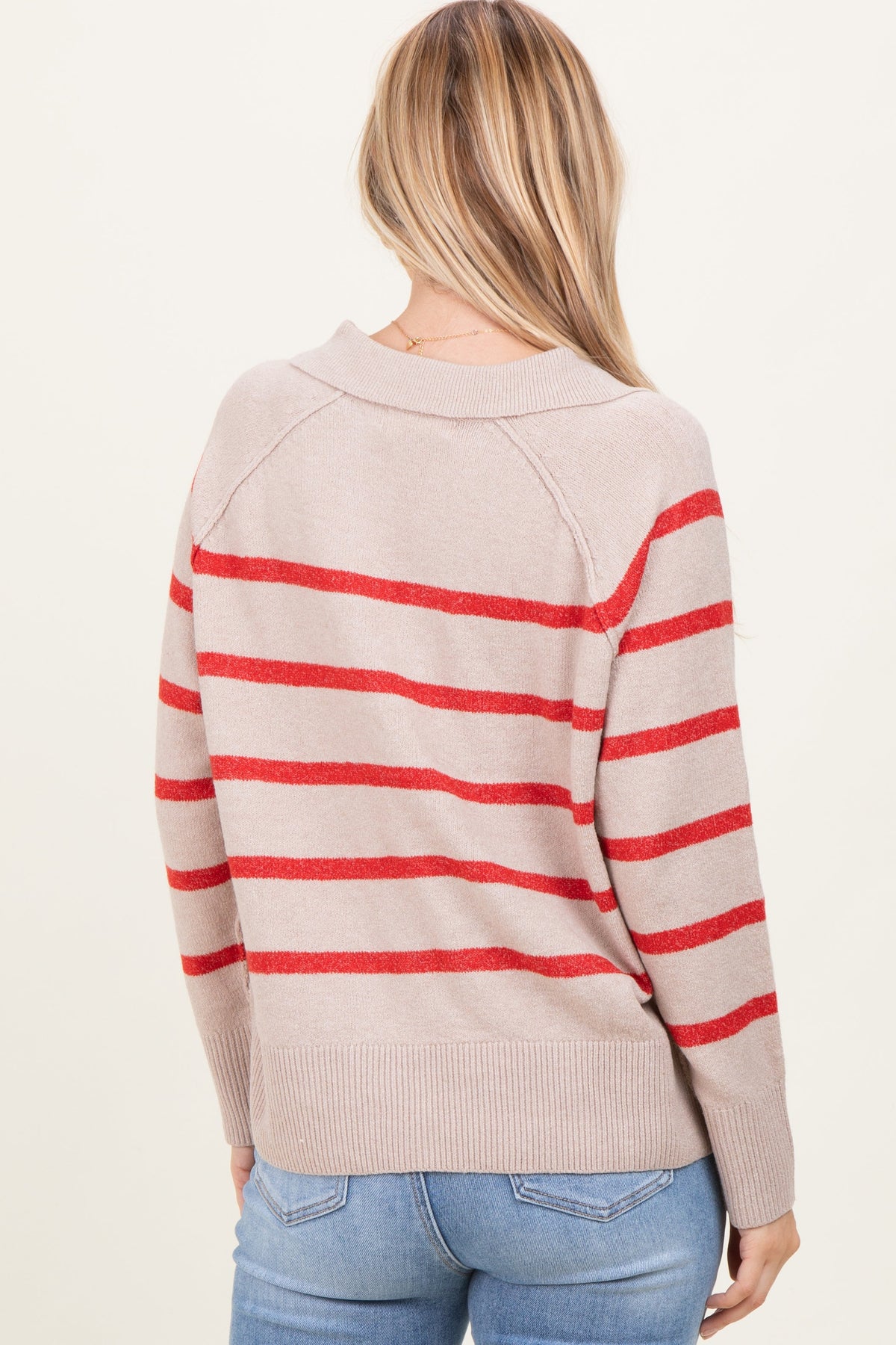 Beige Striped Oversized Polo Sweater
