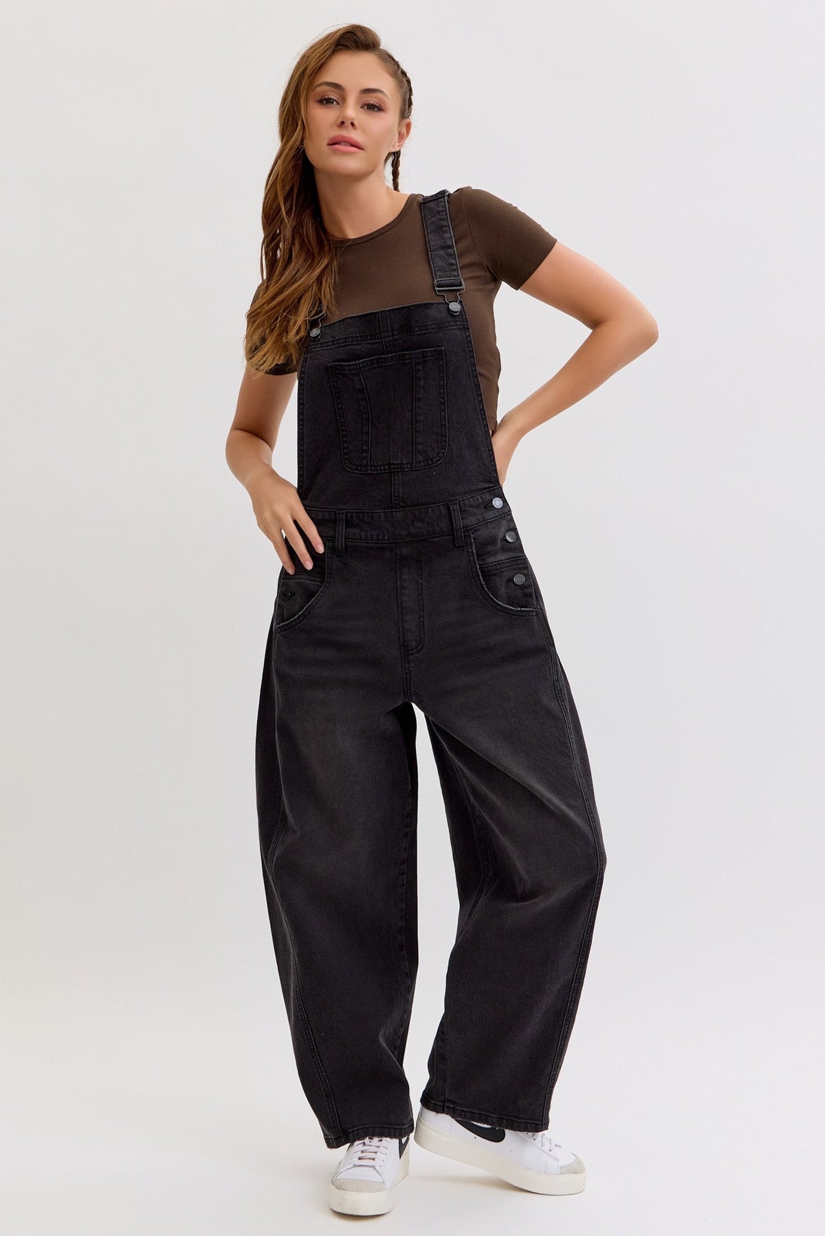 Black Barrel Leg Denim Overalls