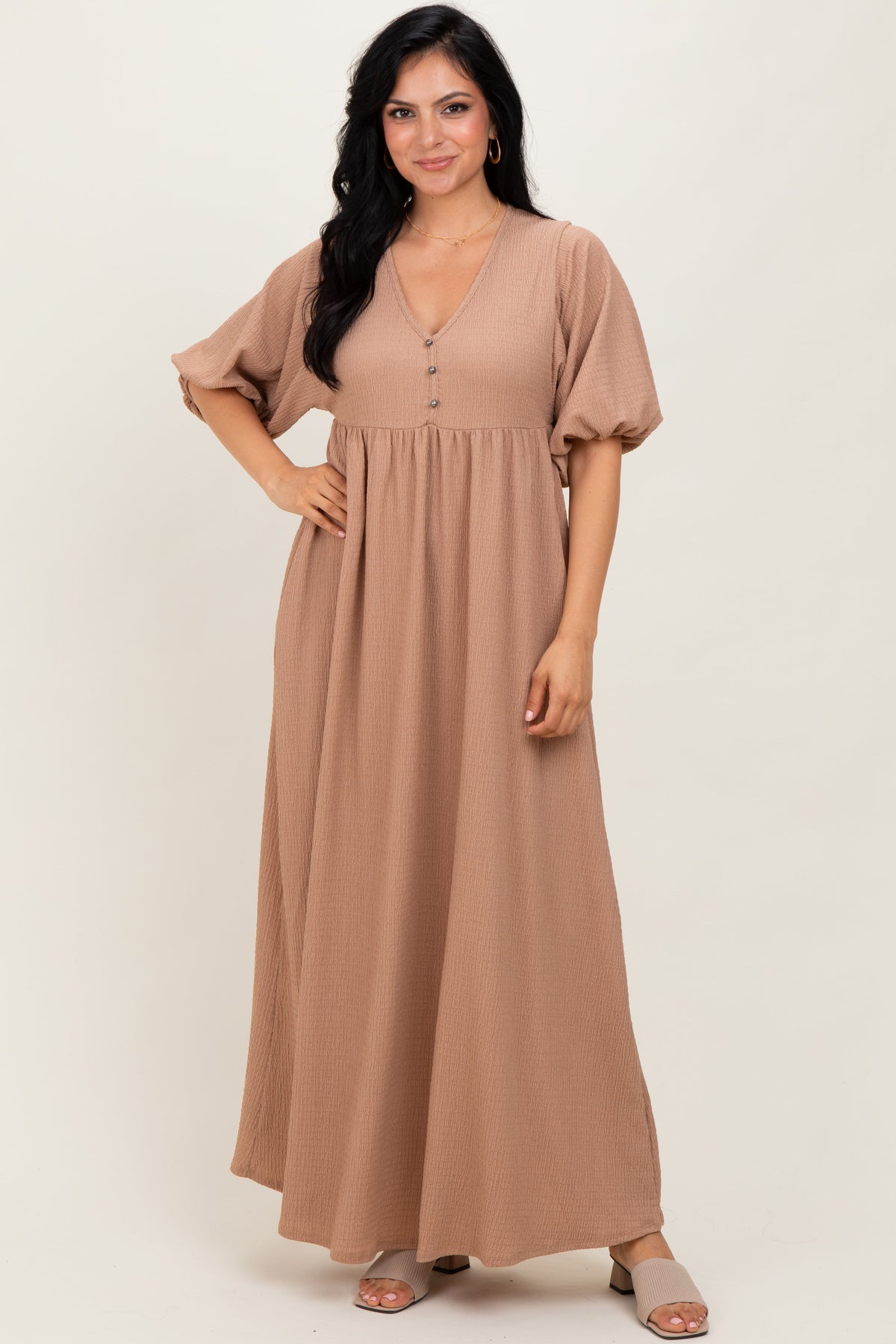 Beige Solid Woven 3/4 Sleeve V-Neck Button Down Maternity Maxi Dress