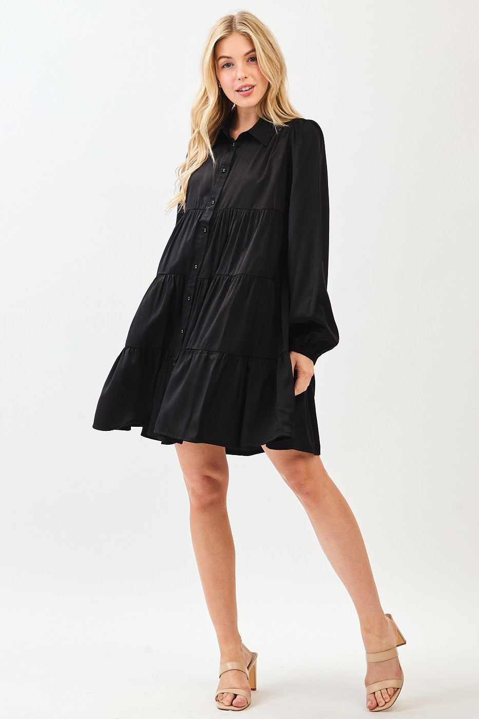 Black Balloon Sleeve Tiered Shirt Dress