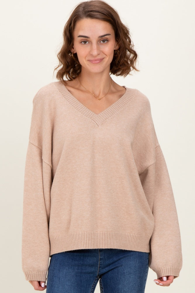 Beige V-Neck Drop Shoulder Maternity Sweater