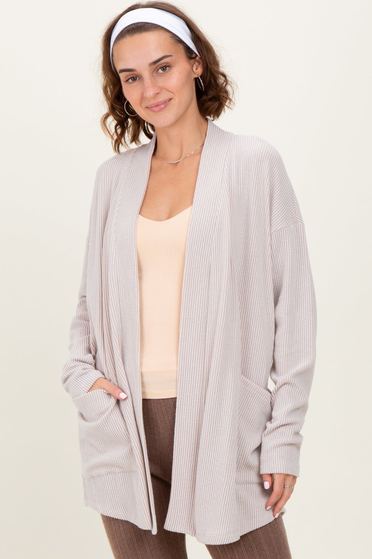 Beige Solid Ribbed Long Sleeve Open Front Pocket Maternity Cardigan