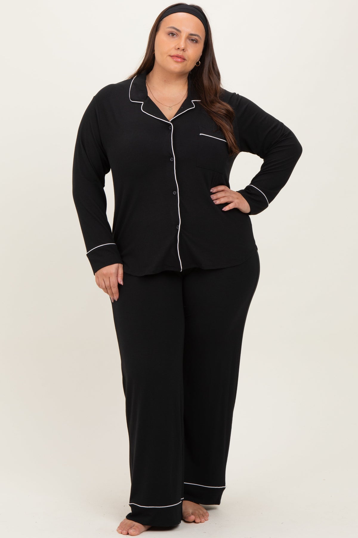 Black Button Down Top Wide Leg Pant Maternity Plus Pajama Set