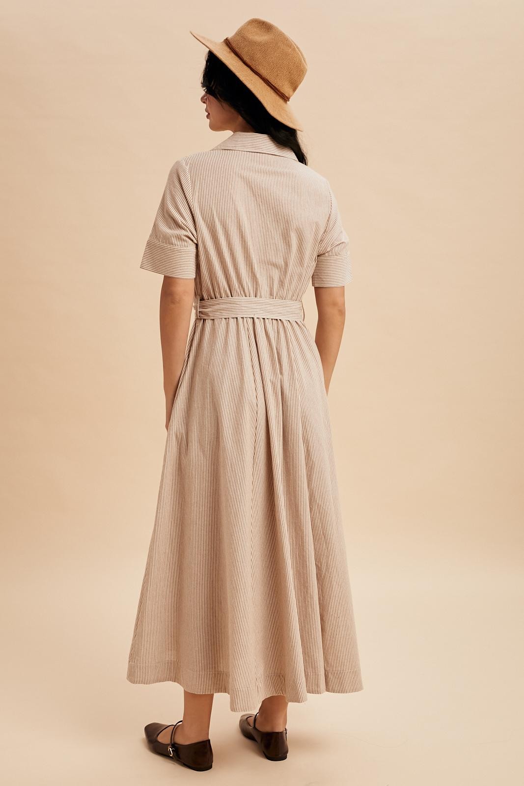 Beige Striped Cotton Button Down Maxi Dress