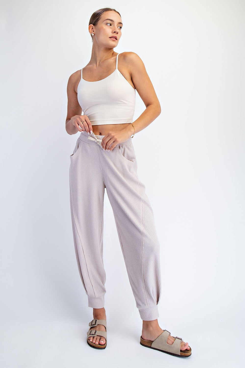 Beige Waffle Knit Raw Seam Maternity Joggers