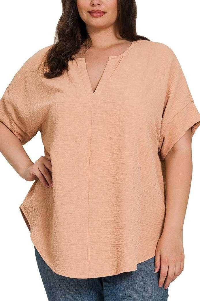 Curvy Woven Airflow Split Neck SS Top