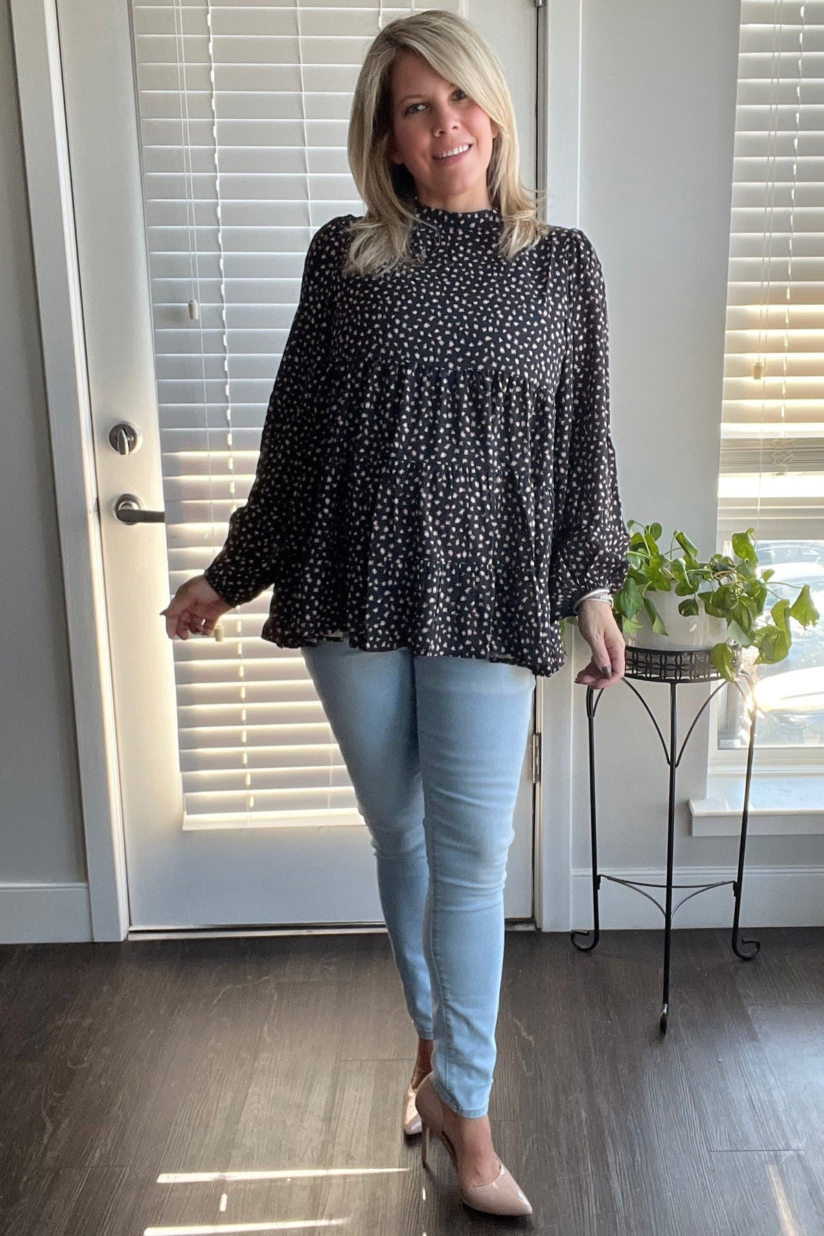 Black Animal Print Mock Neck Tiered Top
