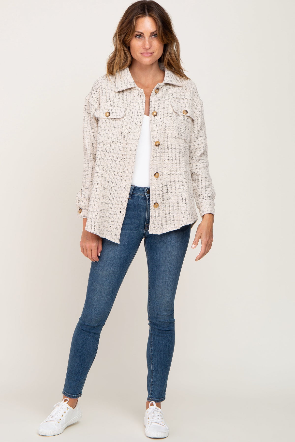 Beige Tweed Front Pocket Shacket