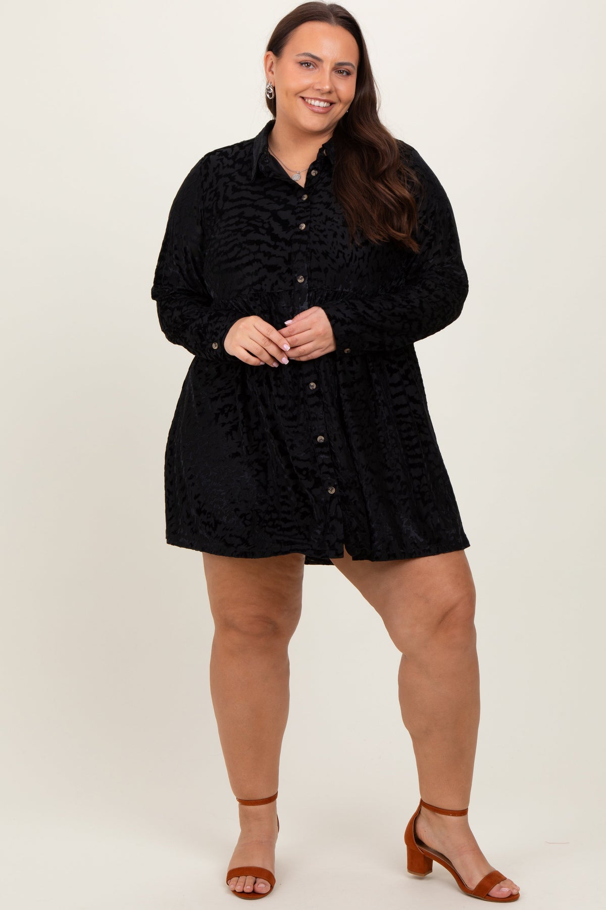 Black Burnout Velvet Maternity Plus Button Up Dress