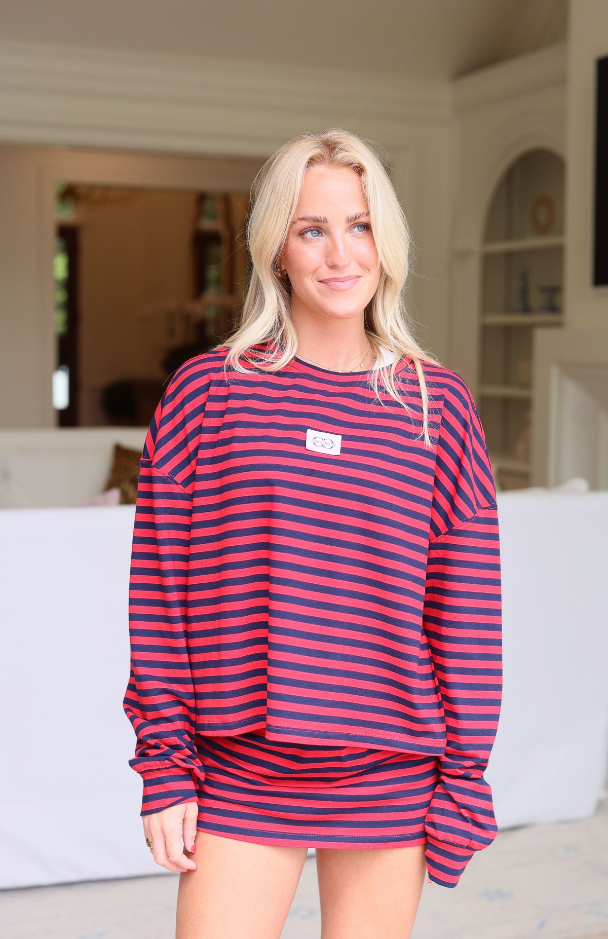 Stripe Oversized Long Sleeve Tee - Navy/Cherry