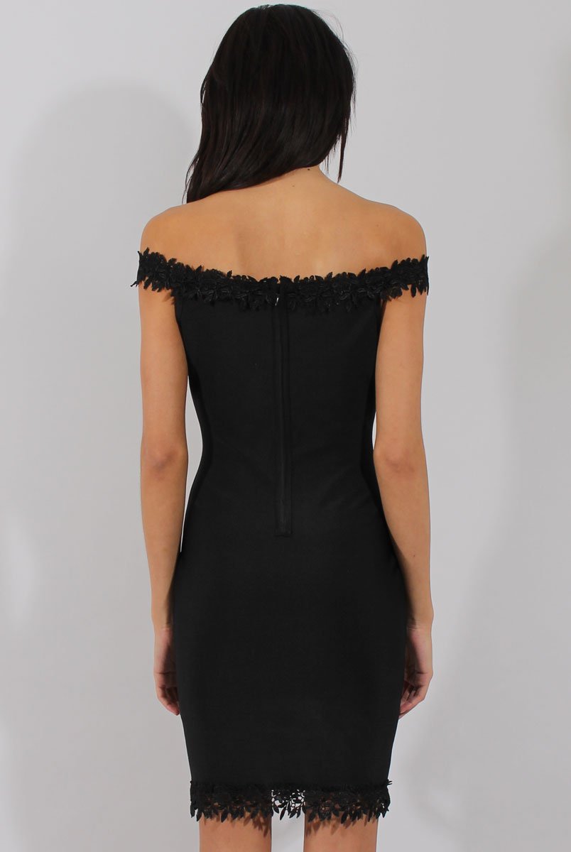 Black Bandage Bardot Crochet Trim Dress - Stasia