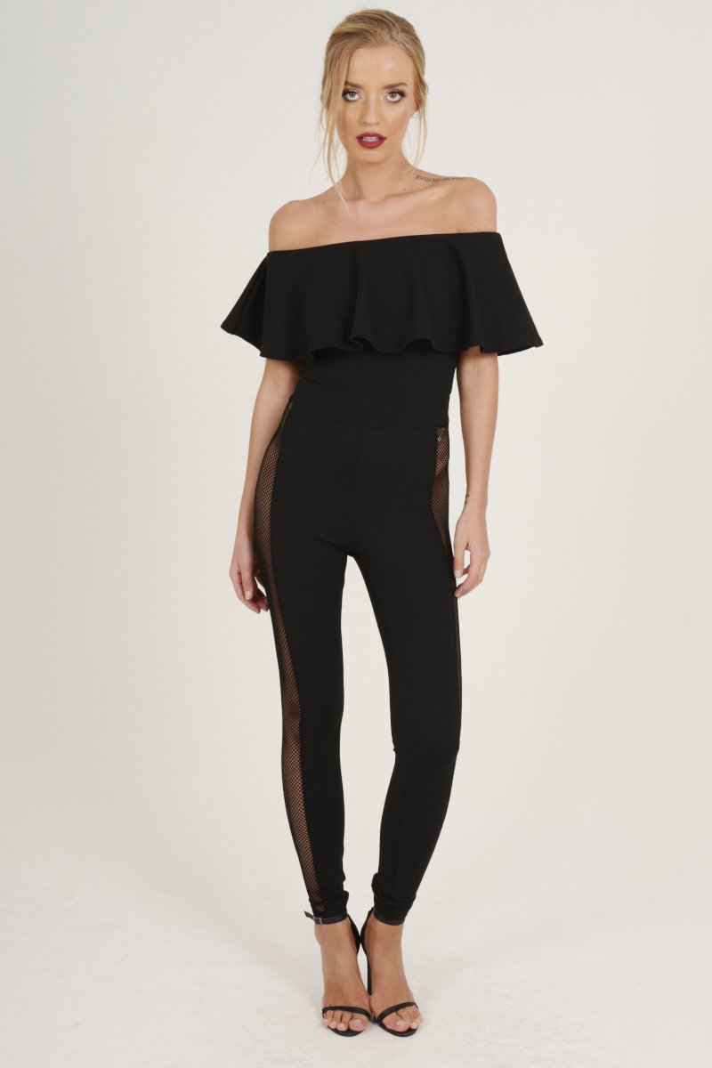 Black Bardot Frill Mesh Sides Jumpsuit - Bronwyn