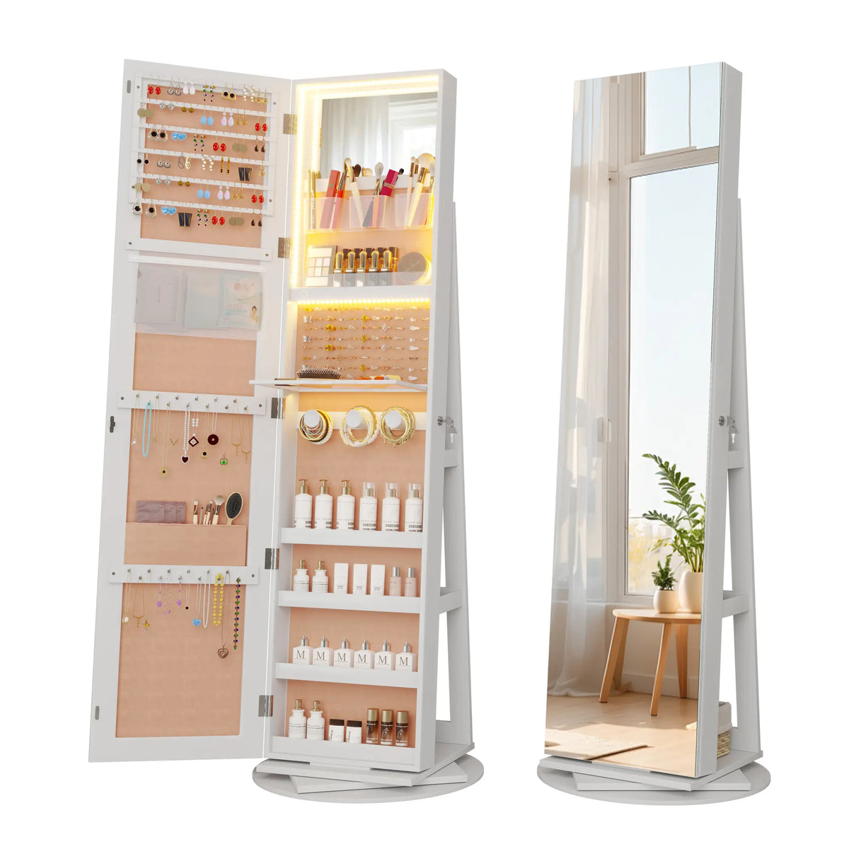 🪞360° Rotating LED Lockable Jewelry Cabinet, Modern Wood Mirror Organizer