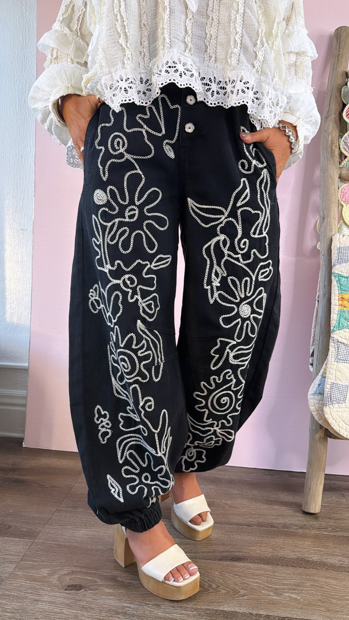For The Love Of Floral Embroidered Denim Jogger, Black