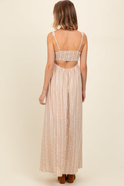 Beige Striped Back Cut Out Maxi Dress
