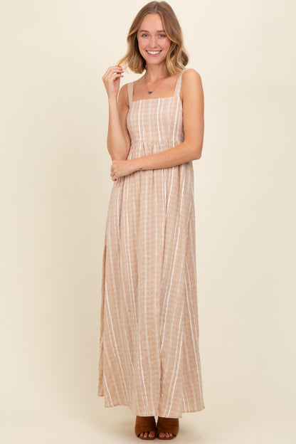 Beige Striped Back Cut Out Maxi Dress