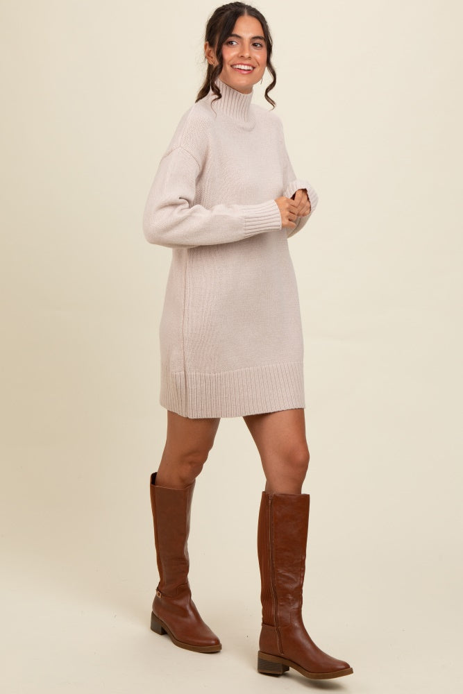 Beige Turtle Neck Mini Sweater Dress