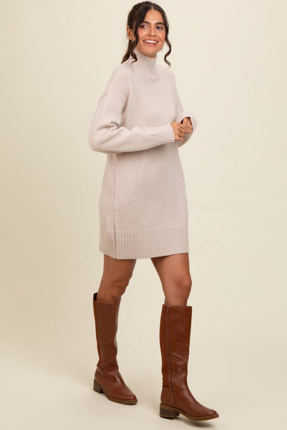 Beige Turtle Neck Mini Sweater Dress