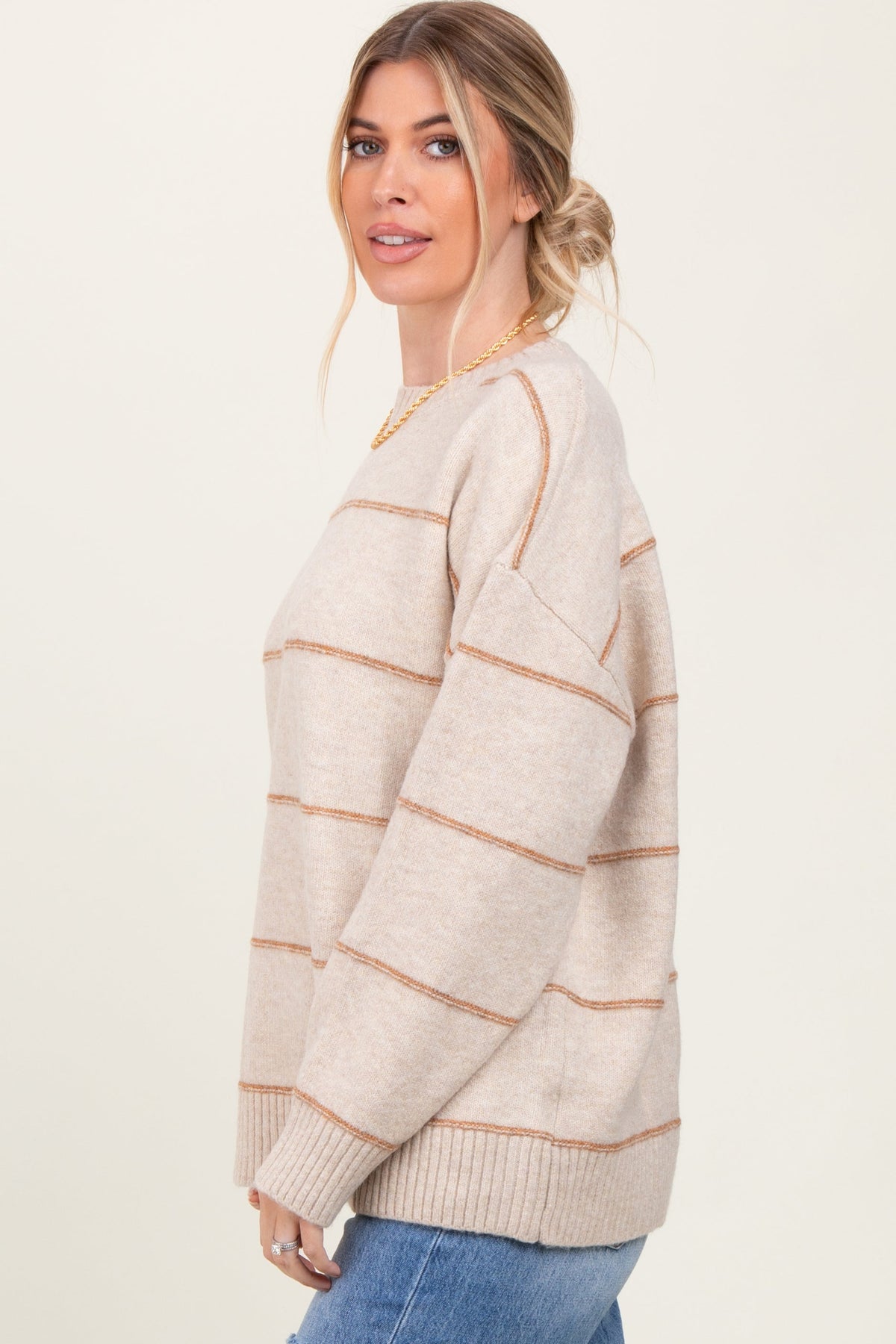 Beige Striped Drop Shoulder Sweater