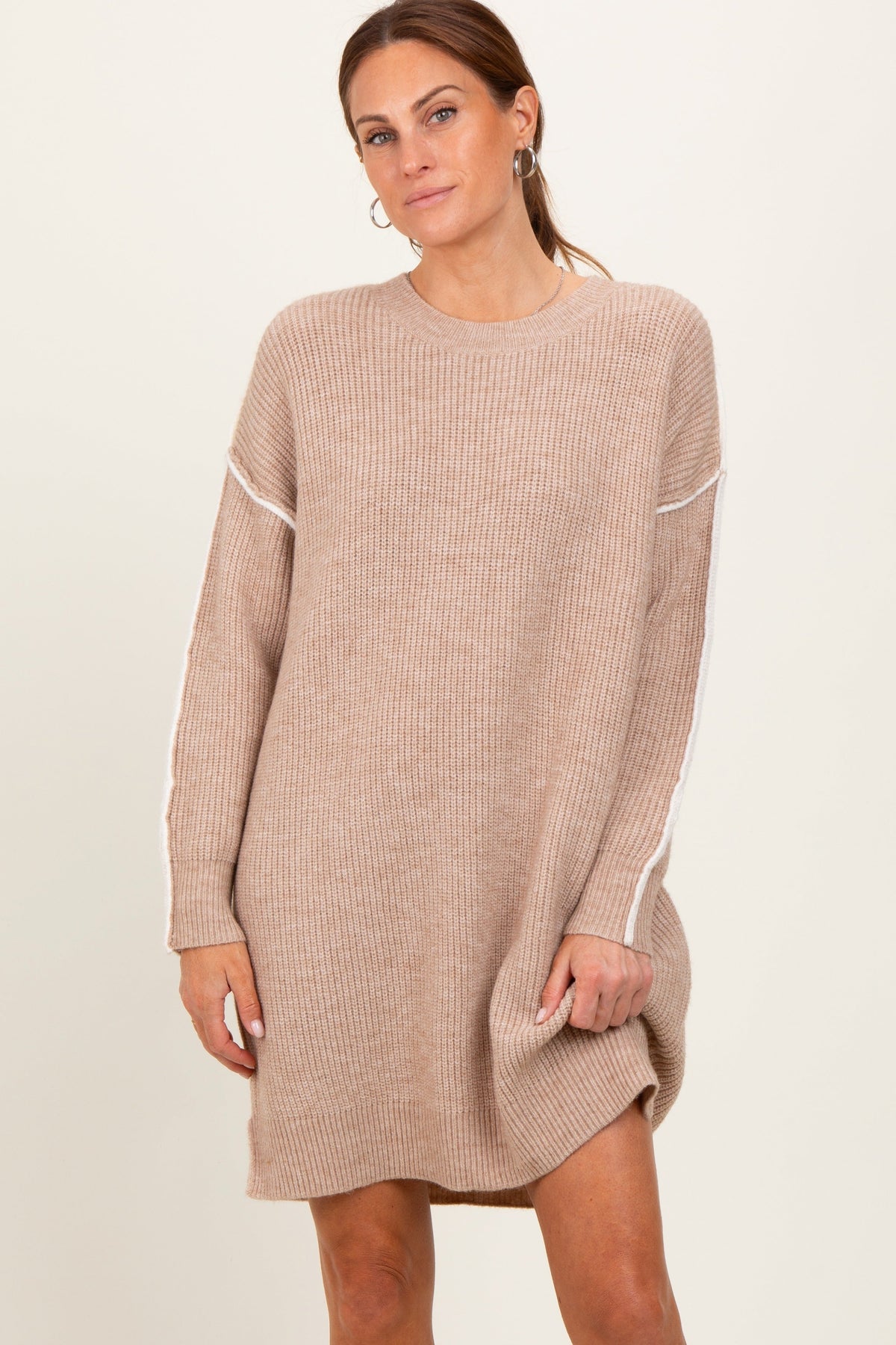 Beige Turtleneck Colorblock Contrast Trim Sweater Dress