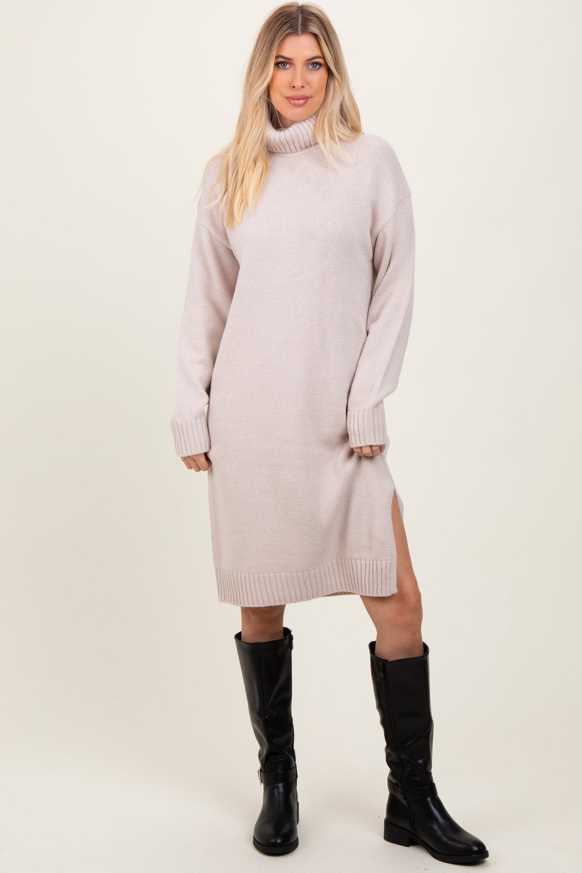 Beige Turtleneck Side Slit Maternity Midi Sweater Dress