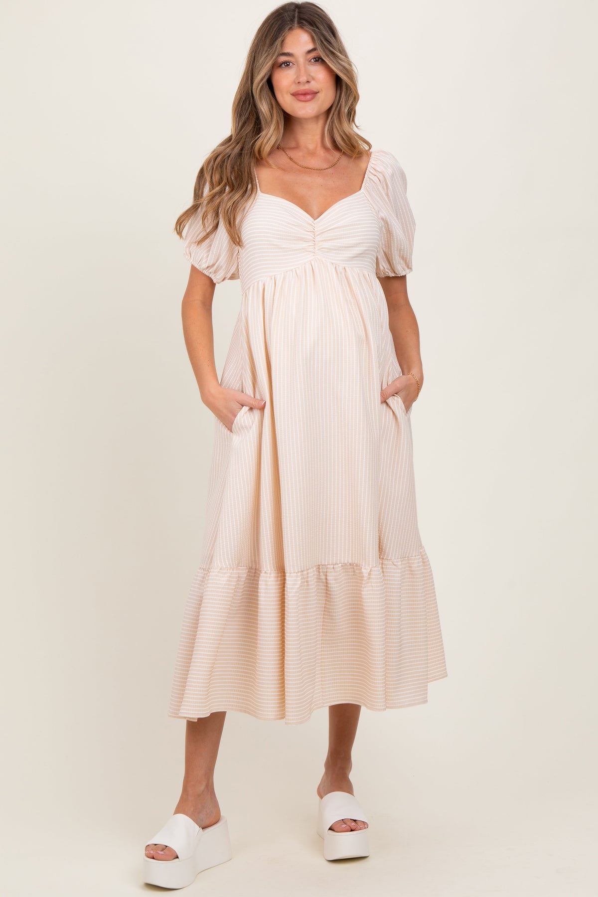 Beige Sweetheart Stripe Smocked Back Maternity Midi Dress