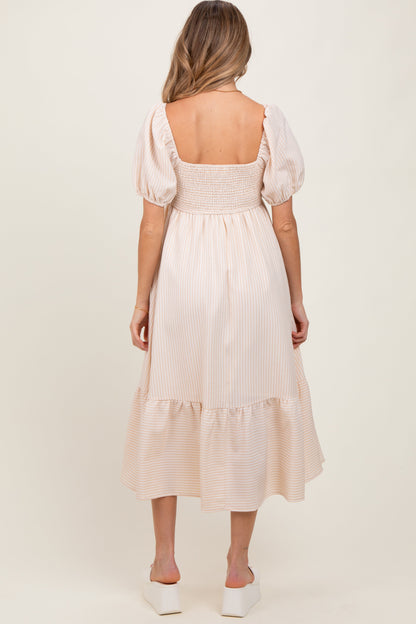 Beige Sweetheart Stripe Smocked Back Maternity Midi Dress