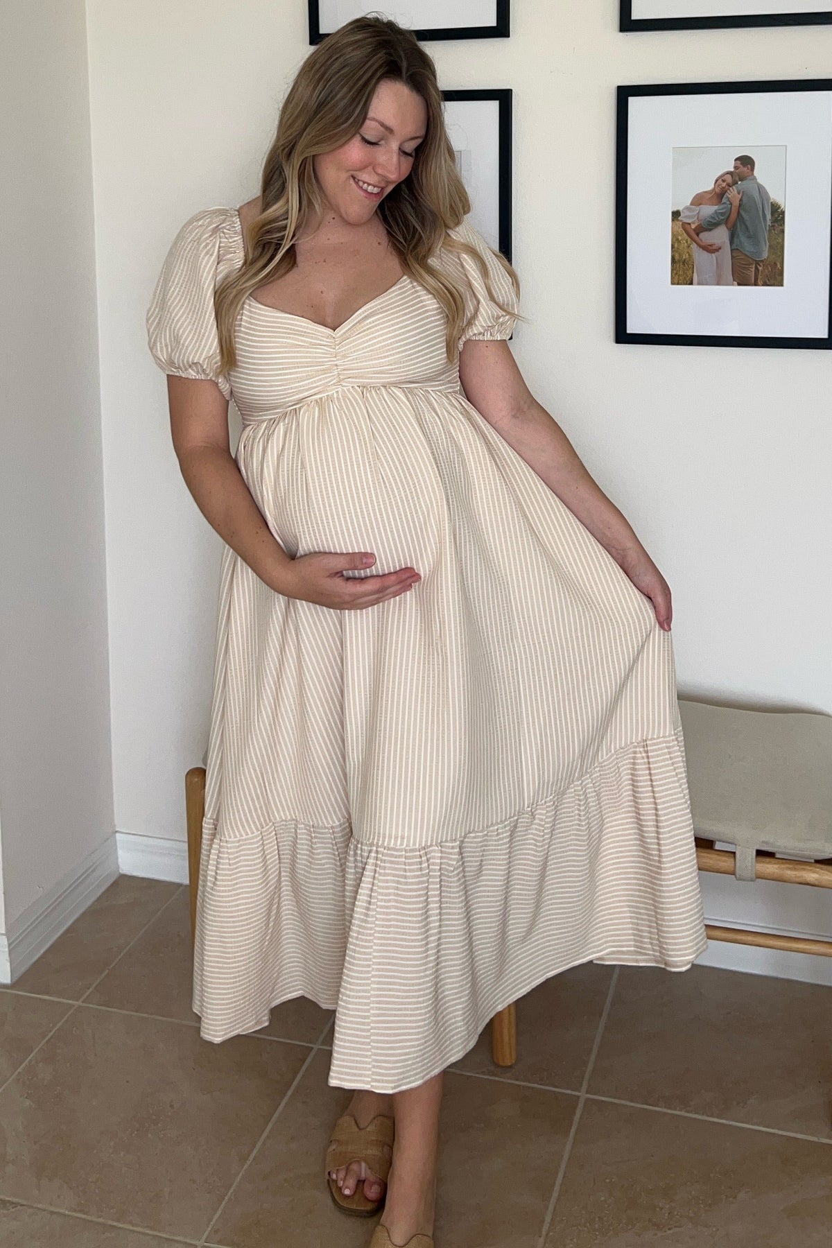 Beige Sweetheart Stripe Smocked Back Maternity Midi Dress