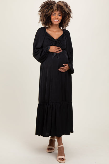 Black Bow Satin Maternity Maxi Dress