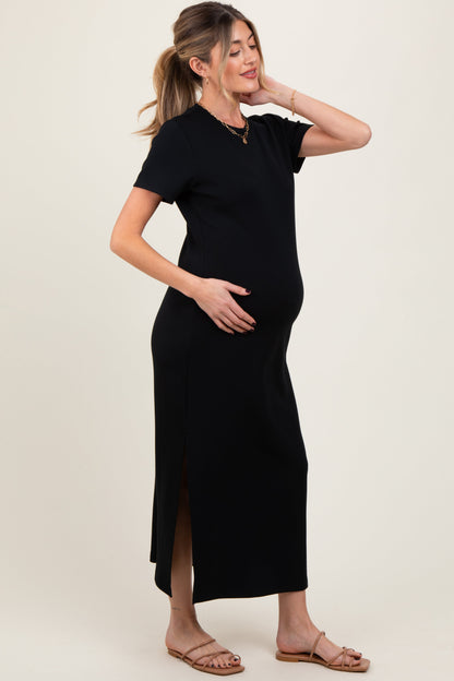 Black Basic Side Slit Short Sleeve Maternity Midi Dress