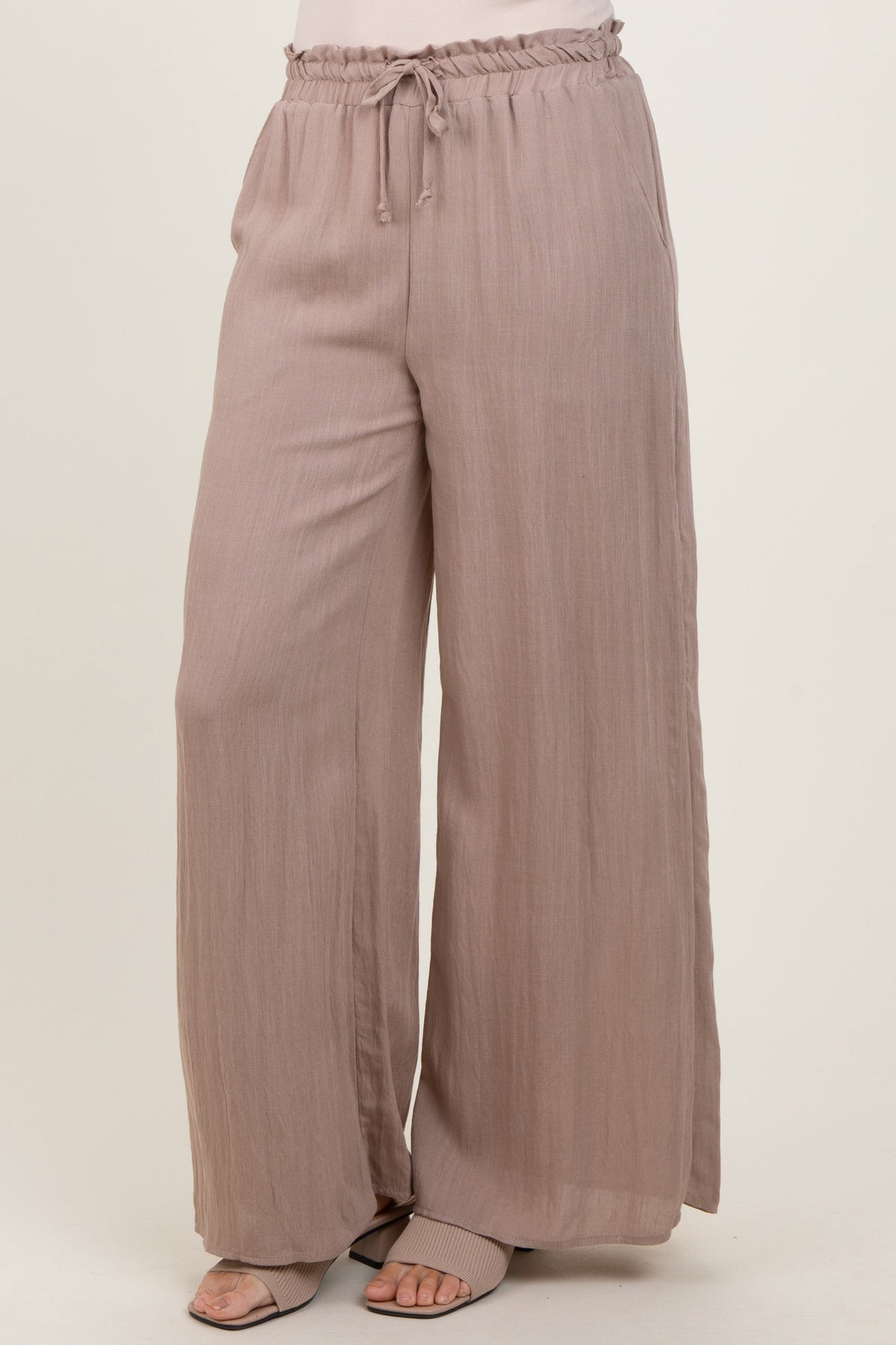 Beige Ruffled Drawstring Waist Wide Leg Pants