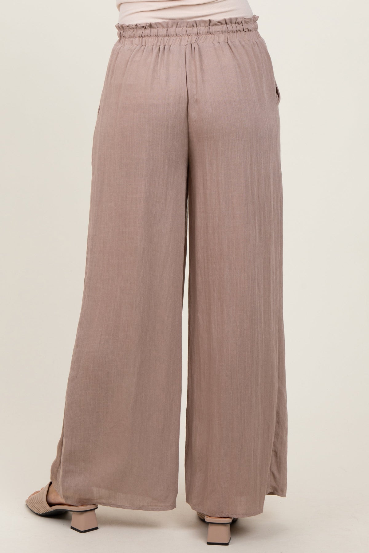 Beige Ruffled Drawstring Waist Wide Leg Pants