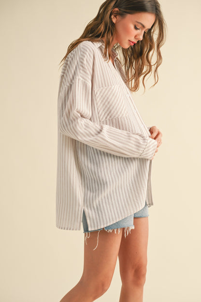 Beige Striped Double Pocket Button Down Top