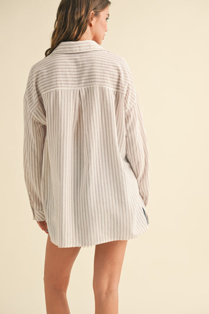 Beige Striped Double Pocket Button Down Top