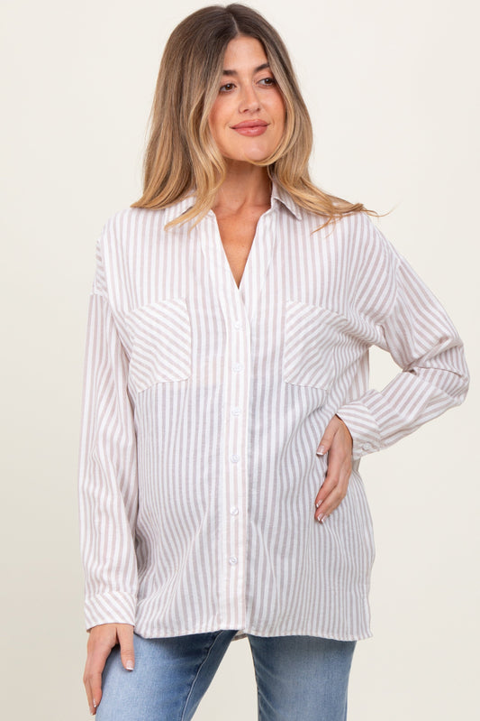 Beige Striped Double Pocket Maternity Button Down Top
