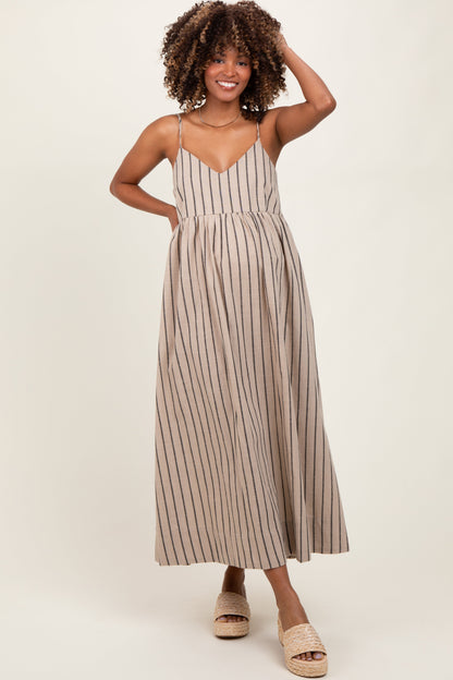 Beige Striped Linen Blend Maternity Maxi Dress