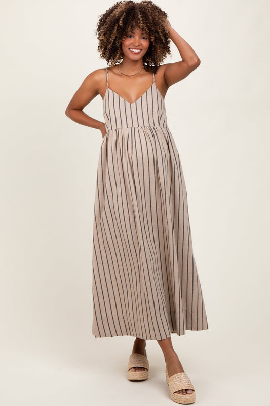 Beige Striped Linen Blend Maternity Maxi Dress