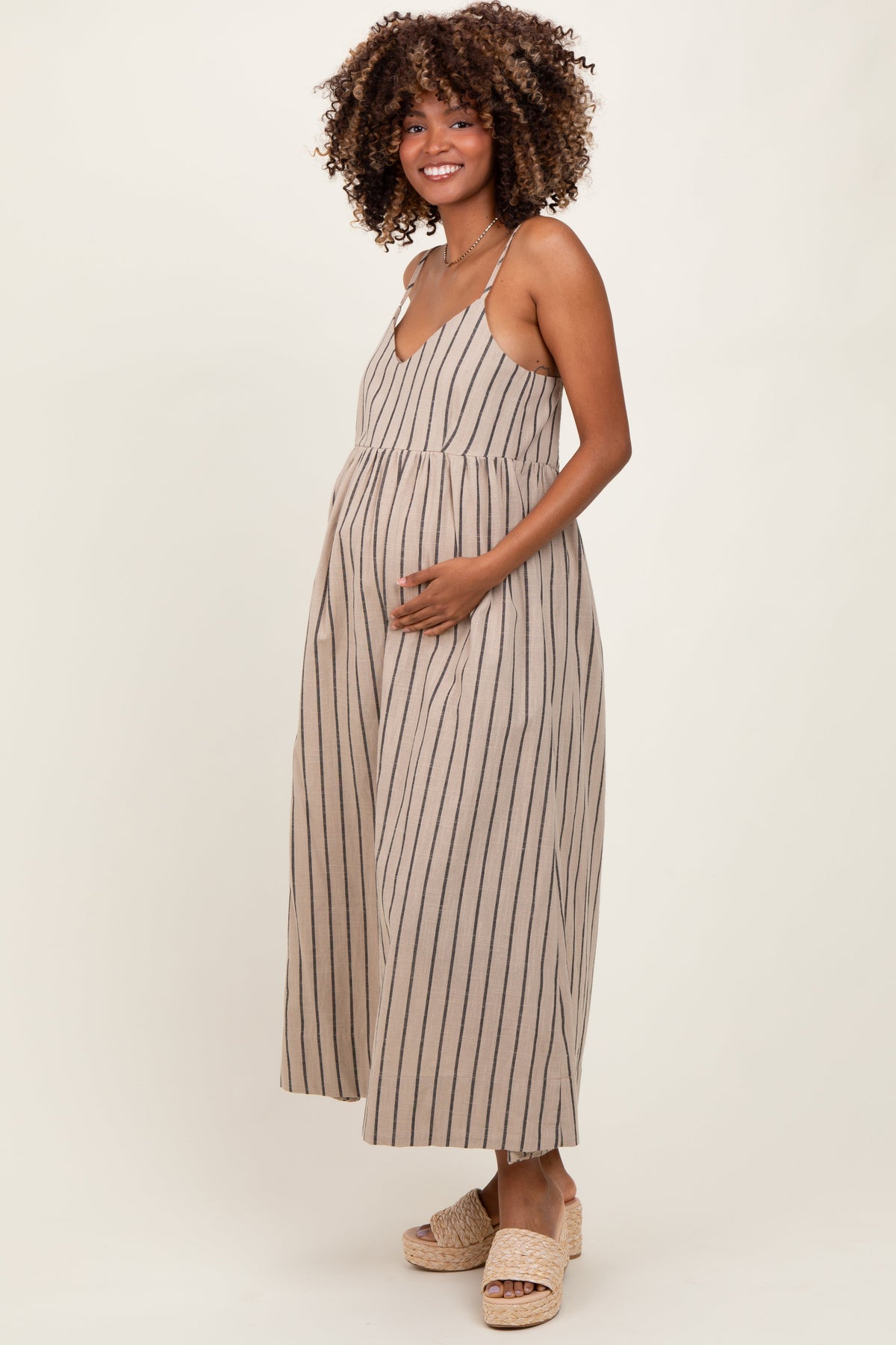 Beige Striped Linen Blend Maternity Maxi Dress